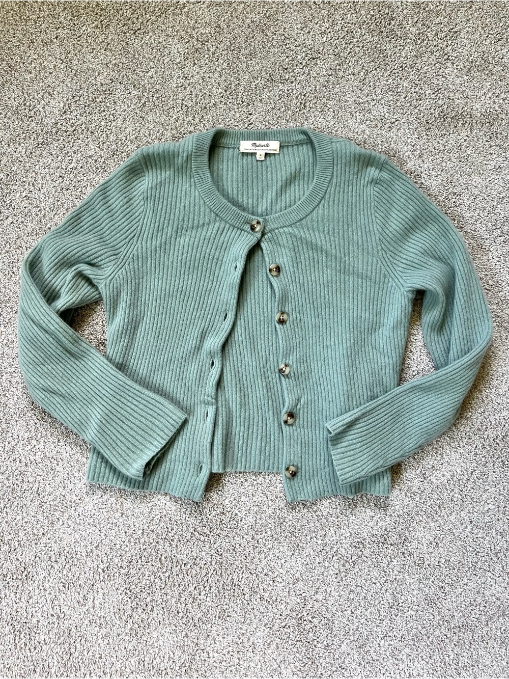 Madewell Cashmere Wool Blend Sage Green Ribbed Button-Front Cardigan (Shrunk)